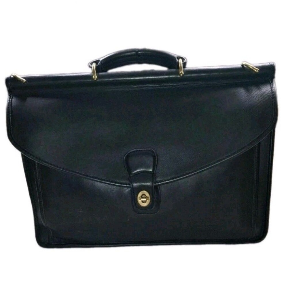 Vintage Coach Willis Briefcase Black Leather H8L 9927 Brass Turnlock No Strap